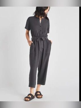 Splendid Black Short-Sleeve Button-Front Jumpsuit with Waist Tie